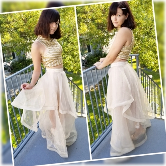 Social Code ✦ Champagne Skirt Set ✦ Sequin Halter Crop + Ruffle Chiffon High-Low - Picture 3 of 16